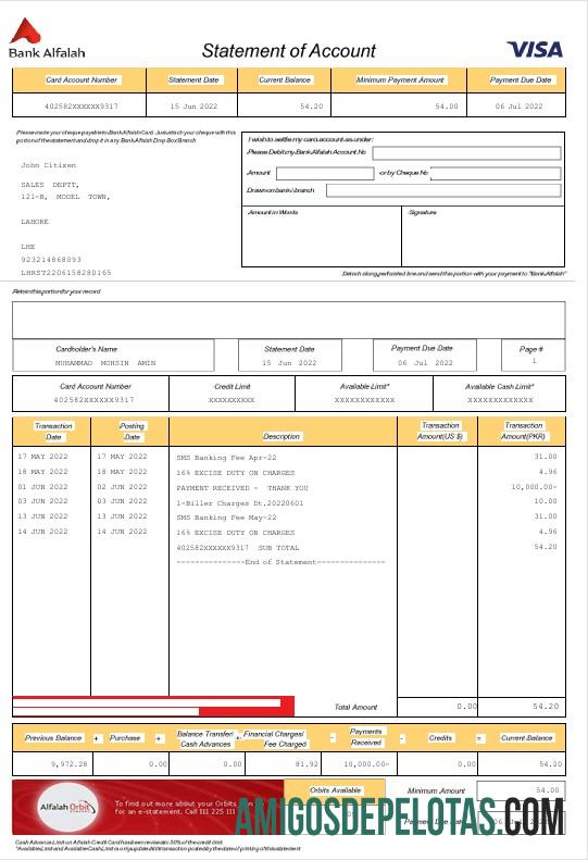 Declaração em branco do Banco Alfalah dos Emirados Árabes Unidos Abu Dhabi Modelo Word e PDF